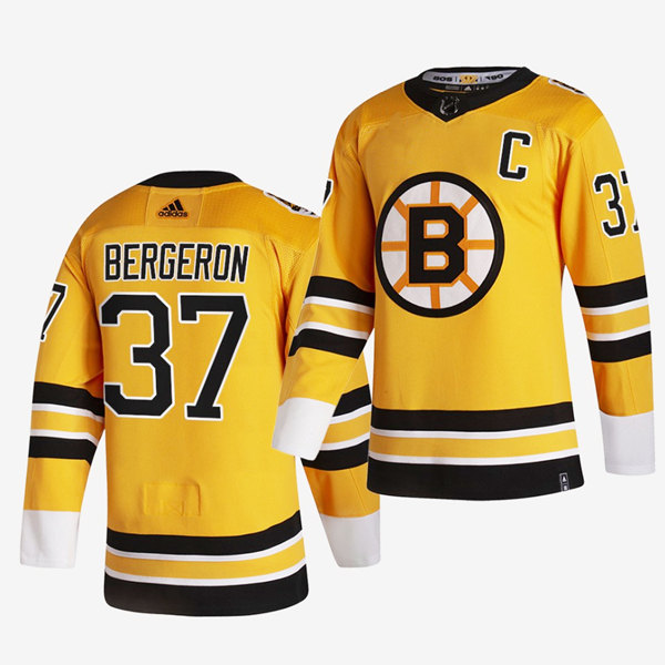Men's Boston Bruins #37 Patrice Bergeron 2020-21 Yellow Reverse Retro Stitched Jersey